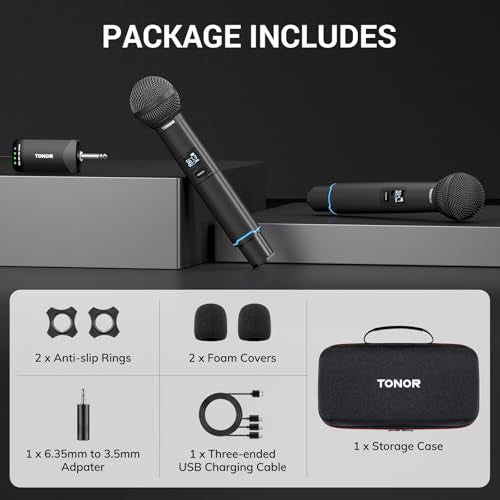 TONOR Rechargeable Wireless Microphones, Metal Bluetooth Handheld Cordless Mic System with Receiver, 2x25 UHF Professional Dynamic Mic for Karaoke, Church, Singing, Wedding, Meeting, DJ, 328ft TW720 - style: Plug-in Receiver