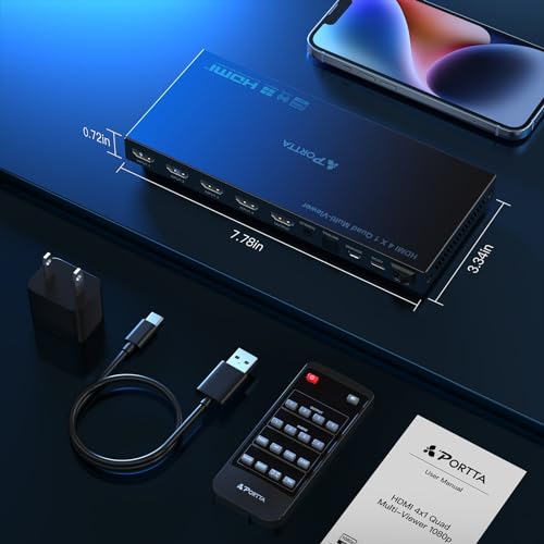 HDMI Multiviewer Switch 4x1 with PIP, PORTTA Quad Multi Viewer Seamless Switcher 4 in 1 Out with Toslink, 3.5mm Audio Output Support 1080p 60Hz, 6 Viewing Modes, Downscaler, Compatible with PS4 Xbox - size: Multiviewer 4x1 1080P