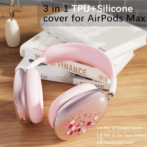 Headphone Cover for AirPods Max, Girly Cute Clear Ear Cups Covers, Pink Silicone Ear Pad Case Headband Cover for Apple AirPods Max (2024/2020), Pink Petals - color: Pink Petals-Pink