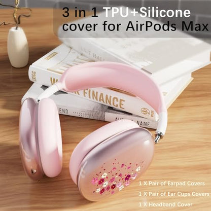 Headphone Cover for AirPods Max, Girly Cute Clear Ear Cups Covers, Pink Silicone Ear Pad Case Headband Cover for Apple AirPods Max (2024/2020), Pink Petals - color: Pink Petals-Pink