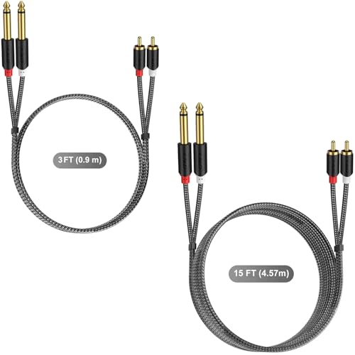 J&D 3 FT Bundle with 15 FT Dual 1/4" TS to Dual RCA Cable, Quarter inch to RCA Stereo Audio Interconnect