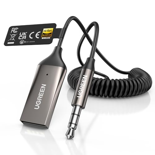 UGREEN Aux to Bluetooth 6.0 Car Adapter with LDAC, 3.5mm Aux Adapter Built-in Microphone, Car Bluetooth Audio Receiver for Hands-Free Calls Compatible with Speaker & Home Audio