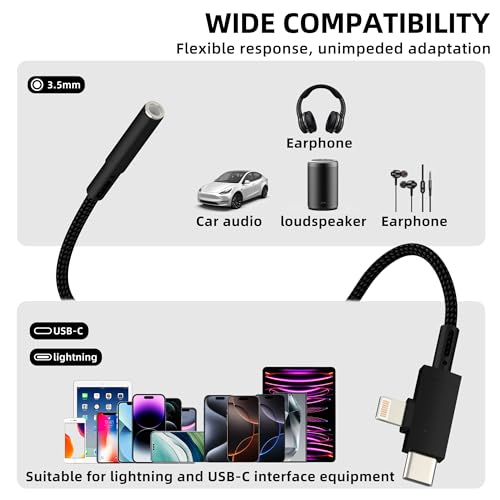 Aux to USB C Adapter for iPhone 17 16 15 14 13 Pro Max Lightning Headphone Jack 3.5mm Audio Cable (2in1) Accessories Headset Auxiliary Computer Compatible with Samsung S22 for Apple Microphone Dapter