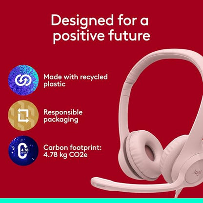Logitech H390 Wired Headset PC/Laptop Stereo Headphones, USB-A, Rose | For PC/Laptop, Stereo, USB-A, In-Line Controls, Works with Chromebook - color: Rose, style: USB-A