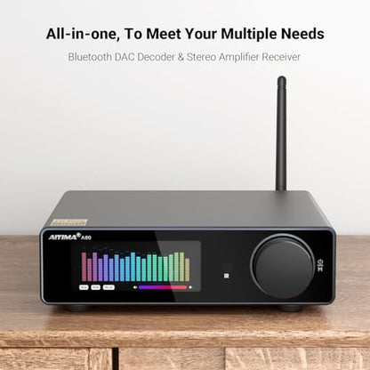 AIYIMA A80 Bluetooth Stereo DAC Amplifier TPA3255,PFFB & Digital VU Meter | USB Coax Opt & TRS Balanced Input,Pre-Out,12V Trigger,Tone &Remote,Hi-Res ESS9038Q2M Integrated Amp for 2.0/2.1 Home Theater