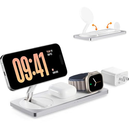 3 in 1 Wireless Charging Station for Apple Devices with MagSafe | For iPhone 17/Air/16/15/14/13/12, AirPods & Apple Watch, Foldable Portable Aluminum Charging Stand, Adapter Included - color: Silver