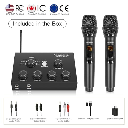 Sound Town 16 Channels Wireless Microphone Karaoke Mixer System w/ 2 Wireless Mics, HD ARC, Optical (Toslink), AUX, Supports Smart TV, Media Box, PC, Bluetooth, Soundbar, Receiver (SWM15-MAX) - color: Black