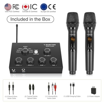 Sound Town 16 Channels Wireless Microphone Karaoke Mixer System w/ 2 Wireless Mics, HD ARC, Optical (Toslink), AUX, Supports Smart TV, Media Box, PC, Bluetooth, Soundbar, Receiver (SWM15-MAX) - color: Black