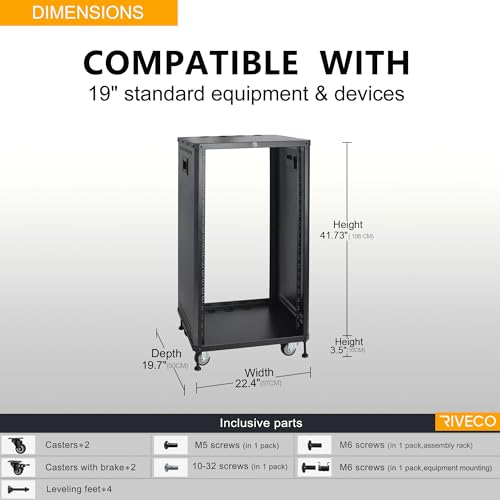 RIVECO POMU 22U Stereo & Server Rack with Caster Wheels, Rolling Network Cabinet, Open Frame Rack for 19-inch Audio Video Music Recording & IT Equipment, Obtuse Angel, Lifting Handle - size: 22U