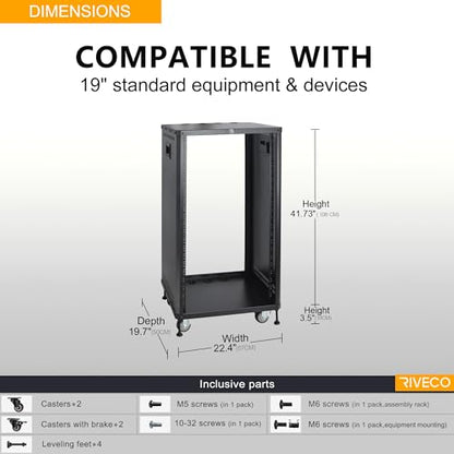 RIVECO POMU 22U Stereo & Server Rack with Caster Wheels, Rolling Network Cabinet, Open Frame Rack for 19-inch Audio Video Music Recording & IT Equipment, Obtuse Angel, Lifting Handle - size: 22U