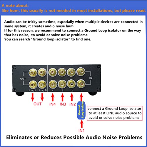ST42 4 Way RCA Audio Switcher, Stereo Audio Switch Selector Box | 4 IN 2 OUT you quickly sw between 4 audio sources in or compare 2 AMPs, avoiding frequent cable changes，Bi-Direction passive - color: 4-WAY RCA Switch(4 IN 2 OUT)-Standard version