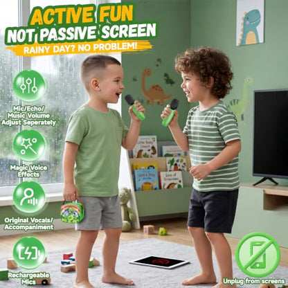 YLL Karaoke Machine for Kids, Portable Mini Speaker with 2 Wireless Microphones, Kids Toy Gifts for Boys Ages 3, 4, 5, 6, 7, 8, 9, 10+ Years Old, 4-12th Birthday Singing Home Family Party - color: Olive-Dinosaur
