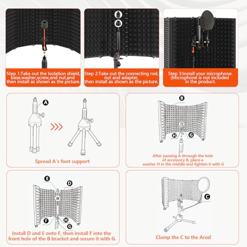 Desktop Microphone Isolation Shield | with Tripod Stand Curved Panel, Foldable Microphone Sound Shield, Studio Mic Sound Absorbing Foam Reflector - size: Standard