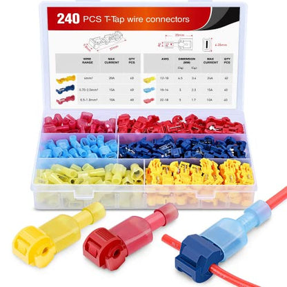 Nilight - 50031R 240 Pcs/120 Pairs Splice Wire Terminals T-Tap Self-Stripping with Nylon Fully Insulated Male Quick Disconnects Kit - size: 240Pcs 22-10AWG