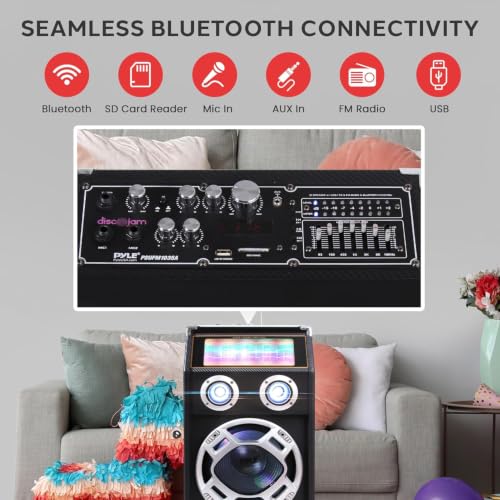 Pyle Wireless Active PA Speaker System - 1000W Portable High Powered Bluetooth Compatible Outdoor Sound Speaker w/ USB SD MP3 FM Radio AUX RCA LED DJ Lights - 35mm Stand Mount, Remote - color: Black