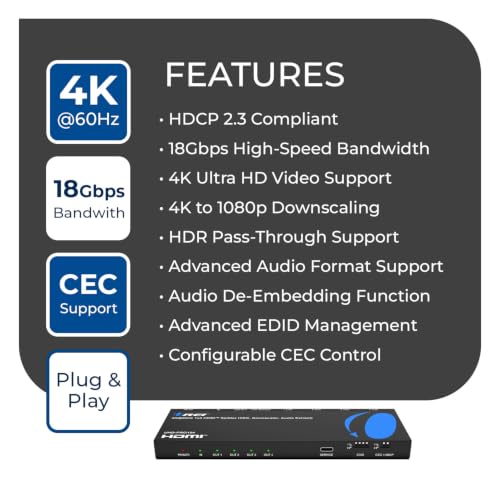 OREI 1x4 HDMI Splitter 4K 60Hz with Audio Extractor – HDMI 2.0b Splitter 1 in 4 Out with 4K to 1080p Downscaling, HDR10+, Dolby Vision, HDCP 2.3, Optical & 3.5mm Audio Out | OREI 1x4 HDMI Splitter 4K@60Hz & Audio Extractor With Downscaling, HDR10+, Dolby