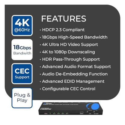 OREI 1x4 HDMI Splitter 4K 60Hz with Audio Extractor – HDMI 2.0b Splitter 1 in 4 Out with 4K to 1080p Downscaling, HDR10+, Dolby Vision, HDCP 2.3, Optical & 3.5mm Audio Out | OREI 1x4 HDMI Splitter 4K@60Hz & Audio Extractor With Downscaling, HDR10+, Dolby