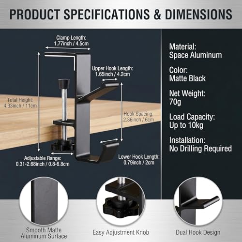 Black Desk Mount Purse Hook | Portabl Adjustable Clamp-On Backpack Hanger Table Bag Holder ,for Handbags Headphones(Double Hook) - color: Black Double Hook