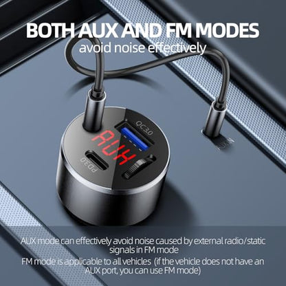 Bluetooth V5.4 AUX Car Adapter FM Transmitter | All-Metal, No Static Noise,PD&QC Fast Charger,
