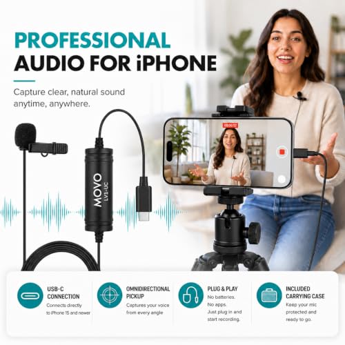 Movo LV1-UC USB-C Lavalier Microphone for iPhone 15, 16 & 17 – Clip-On | No Dongle Needed On USB-C iPhone. 16/24-Bit Digital Sound, Omnidirectional Clip-On, 20-Ft Cable, Windscreen & Case Included.