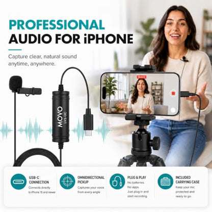 Movo LV1-UC USB-C Lavalier Microphone for iPhone 15, 16 & 17 – Clip-On | No Dongle Needed On USB-C iPhone. 16/24-Bit Digital Sound, Omnidirectional Clip-On, 20-Ft Cable, Windscreen & Case Included.