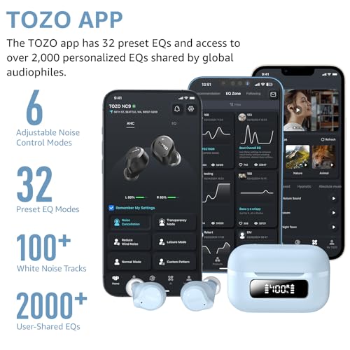 TOZO NC9 Hybrid Active Noise Cancelling Wireless Earbuds, 60H, LED Display | 6 Mic ENC Clear Calls, Deep Bass Sound, IPX8, in Ear Bluetooth 5.3 Headphones,32 EQs via APP,Comfort Fit Ear Buds,Light Blue - color: Light Blue