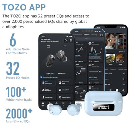 TOZO NC9 Hybrid Active Noise Cancelling Wireless Earbuds, 60H, LED Display | 6 Mic ENC Clear Calls, Deep Bass Sound, IPX8, in Ear Bluetooth 5.3 Headphones,32 EQs via APP,Comfort Fit Ear Buds,Light Blue - color: Light Blue