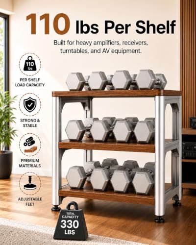 3-Tier HiFi Audio Rack, Adjustable AV Stand for Stereo Equipment | 110 lbs Per Shelf Open Cooling Design Metal Support Columns Rubber Feet Fits Amplifier, Receiver, Turntable & CD Player - size: 3-tier