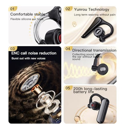 Open Ear Bluetooth 5.4 Headset, Wireless Mono Earpiece | ENC Noise Cancelling Mic, 30H Talk Time, Single Ear, iPhone Samsung Android Compatible