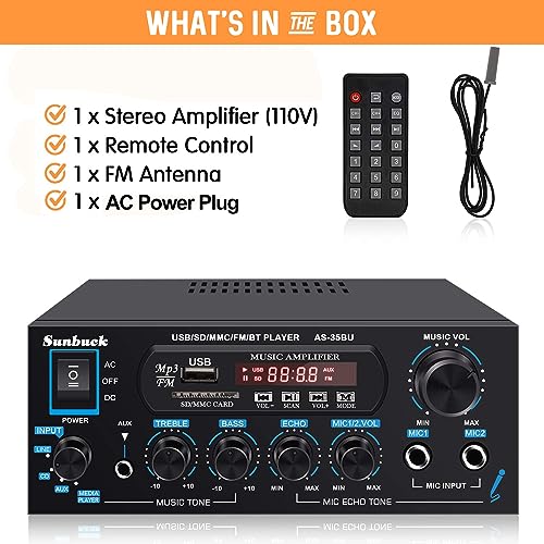 Sunbuck Small Amplifier, 400Wx2 Stereo Receiver for Home Audio, Optical/Coaxial Jacks for TV/CD/DVD/LP/PC, Support 192kHz Audio, Bluetooth Amplifier with RCA/USB/FM/AUX, Receiver for Speaker, AS-35BU