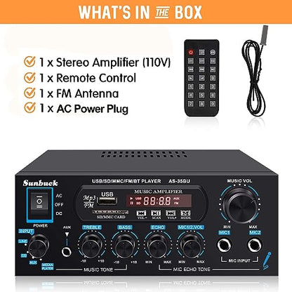 Sunbuck Small Amplifier, 400Wx2 Stereo Receiver for Home Audio, Optical/Coaxial Jacks for TV/CD/DVD/LP/PC, Support 192kHz Audio, Bluetooth Amplifier with RCA/USB/FM/AUX, Receiver for Speaker, AS-35BU