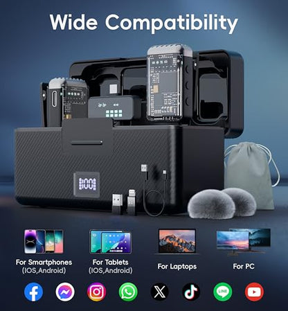 Mini Wireless Lavalier Microphone Noise Cancelling for iPhone,Android Lapel Mic with Charging Case Clip on Microphone Wireless Microphone for Vlogging, YouTube, TikTok Content Creator, Video Recording