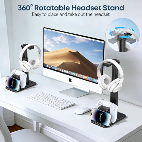 Gaming Headset & Controller Stand, Rotating Headphone Storage with Controller & Phone Holder, Game Desk Storage with Cable Organizer for PS5/PS4/XBOX PC Gamer Essentials Organizer Gift Accessories - size: S-Black-Standard