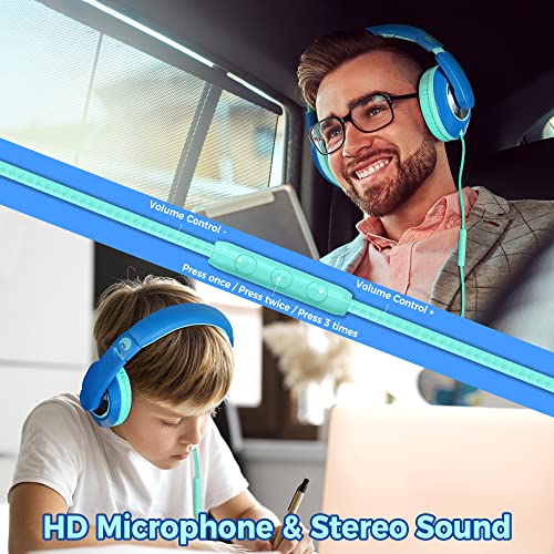 rockpapa Comfort+ Kids Headphones with Microphone and Volume Control, Boys Girls Student Over-Ear Headphones Wired for School Classroom Laptop PC Computer Tablet Sky Blue Teal - color: Blue/Teal