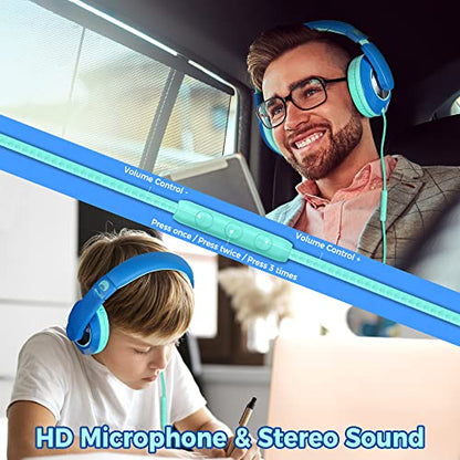 rockpapa Comfort+ Kids Headphones with Microphone and Volume Control, Boys Girls Student Over-Ear Headphones Wired for School Classroom Laptop PC Computer Tablet Sky Blue Teal - color: Blue/Teal