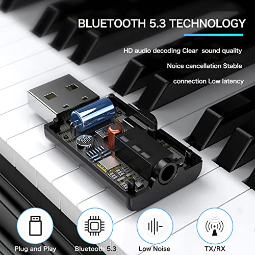 2 in 1 Bluetooth V5.3 Transmitter Receiver, BT USB Adapter, Wireless Audio Transmitter for TV to Bluetooth Headphones, Low Latency, Power by USB for TV/PC Home/Car Sound System