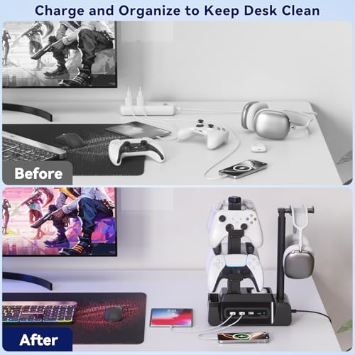 KDD Charging Station for Multiple Devices - 4 Ports Charging Dock with Controller and Headset Stand - 3 USB A & 1 USB C for Cellphone Tablet and Other Electronic - Multi Storage for Gaming Accessories