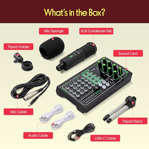 Pyle Pro Live Broadcast Sound Card | Rechargeable Mixer Kit w/ Condenser Mic | 8 Voice FX - 12 Presets | DSP Noise Reduction | Dual Mic Inputs | Solo Mode | Streaming, Podcasting, Gaming - PKSCRD308