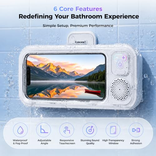 Waterproof Shower Bluetooth Speaker with Phone Holder, IPX5 Splash-Proof Wireless Bathroom Speaker for iPhone & Android, Touch Screen Shower Caddy with Strong Adhesive Hook