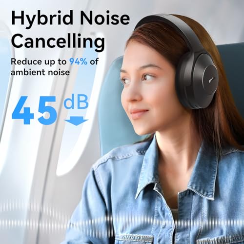 EarFun Wave Life Hybrid Active Noise Cancelling Headphones, Bluetooth 5.4 | Wireless Over Ear Headphones, 4 Mics AI Clear Call, Deep Bass, 60H Playtime, Comfortable Fit, Custom EQ Multipoint Connection