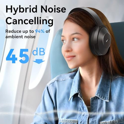 EarFun Wave Life Hybrid Active Noise Cancelling Headphones, Bluetooth 5.4 | Wireless Over Ear Headphones, 4 Mics AI Clear Call, Deep Bass, 60H Playtime, Comfortable Fit, Custom EQ Multipoint Connection