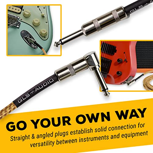 GLS AudioStraight to Right Angle 1/4 Inch TS, Oxygen-Free Copper, Braided Tweed Jacket, Male-to-Male Wired Amp Cord for Amplifier Instrument Cable 20 Ft Electric Guitar Cable Braided Brown/Yellow | Straight to Right Angle 1/4 Inch TS, Oxygen-Free Copper,