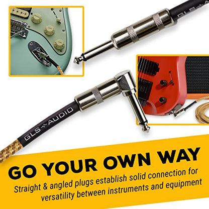 GLS AudioStraight to Right Angle 1/4 Inch TS, Oxygen-Free Copper, Braided Tweed Jacket, Male-to-Male Wired Amp Cord for Amplifier Instrument Cable 20 Ft Electric Guitar Cable Braided Brown/Yellow | Straight to Right Angle 1/4 Inch TS, Oxygen-Free Copper,