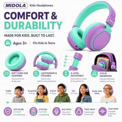 Kids Bluetooth Headphones Wireless 68 Hours,Safe Volume Limit 85/94dB | Adjustable Headband Foldable Over-Ear Lightweight Headsets for Toddler Girls Boys Tablet/iPad,HD Stereo,Built-in Mic,Purple - color: Purple