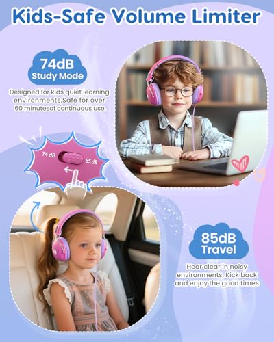 awatrue Kids Headphones, 74/85dB Volume Limiter, 3.5mm Jack Pink HK05 - color: Pink-Purple