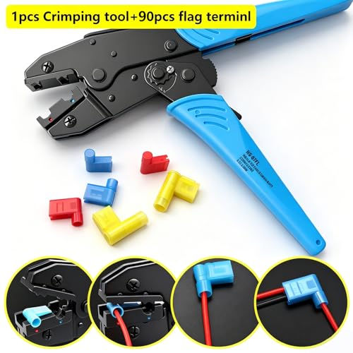 smseace 91pcs Right Angle Spade Connectors with Flag Terminal Crimper 22-18/16-14/12-10AWG Quick Disconnect Flag Connector + Electrical Crimping Tool for Right Angle Spade Connector - size: 91Pcs