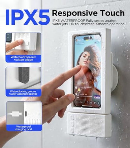 2nd Gen Shower Phone Holder Waterproof with Speaker Hole 1200mAh | 18H Playtime With Dual Bluetooth Speaker IPX6 Speakers High-Sensitivity Touchscreen Rich Bass Sound Bluetooth 5.3 (White） - color: White
