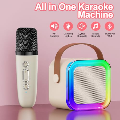 Kids Karaoke Machine Toy Ages 3-12, 2 Wireless Mics BT Speaker, Cream | Voice Changer, LED Party Lights, Duets, BT 5.3, Mini Rechargeable Portable, Christmas Birthday Gifts for Toddler Boys & Girls - color: Cream - 2