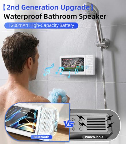 2nd Gen Shower Phone Holder Waterproof with Speaker Hole 1200mAh | 18H Playtime With Dual Bluetooth Speaker IPX6 Speakers High-Sensitivity Touchscreen Rich Bass Sound Bluetooth 5.3 (White） - color: White