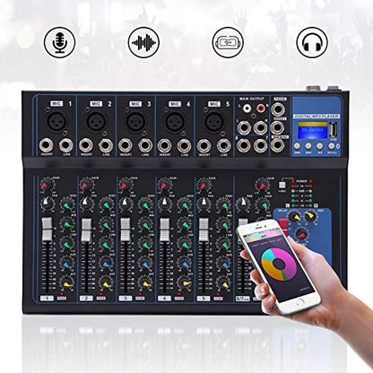 Portable Audio Mixer 7-channel Mixer with 6 Music Modes Three-band Equalization Bluetooth Mixer Dj Mixer, Interface|USB|Bluetooth Connectivity,48V Phantom Power,Monitor Function (5 microphone input)